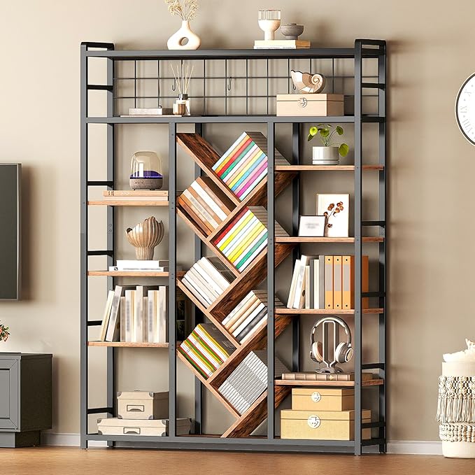 RALGEND Triple 7-Tier Bookshelf, Industrial Large Bookcase with 20 Open Display Shelves, Modern Tree Bookcase with Metal Frame and Hanging Function for Living Room, Home Office, Rustic Brown and Black
