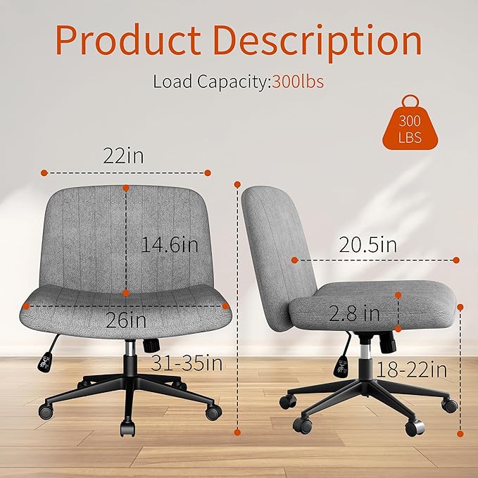 Meilocar Criss Cross Chair with Wheels, Cross Legged Office Chair, Armless Office Chairs Adjustable Height Swivel Tilting Fabric Vanity Chairs for Home Bedroom (Grey)