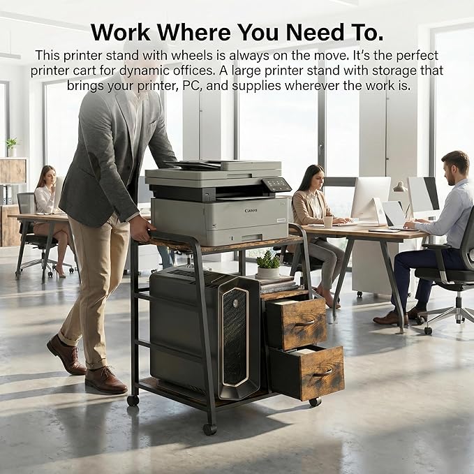 Printer Stand Featuring Fabric Drawers, Under Desk Host Computer Cabinet and Shredder Shelf, Heavy Duty Printer Stand with Storage Workstation Organization Printer Table for Home Office