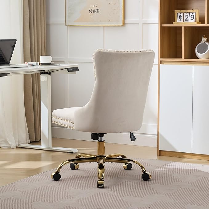 Goujxcy Desk Chair, Modern Velvet Upholstered Tufted Button Home Office Chair, 360° Swivel Armless Desk Chairs, 120°Rocking Ergonomic Computer Task Vanity Chairs, Beige & Gold