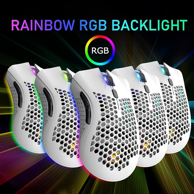 Wireless Lightweight Gaming Mouse Honeycomb with 7 Button Multi RGB Backlit Perforated Ergonomic Shell Optical Sensor Adjustable DPI Rechargeable 800mAh Battery USB Receiver for PC Mac Gamer(White)