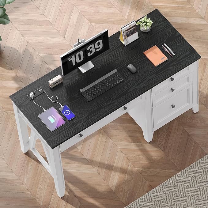 ONBRILL 54 Inch Farmhouse Executive Desk, Computer Desk with Drawers, Home Office Desk with Charging Station, for Working Studying Writing, White