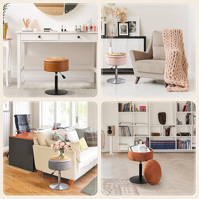 LUE BONA 360°Swivel Vanity Stool Chair for Makeup Room, Height Adjustable Stool for Vanity with Storage, Small Grey Velvet for Bathroom, Living Room