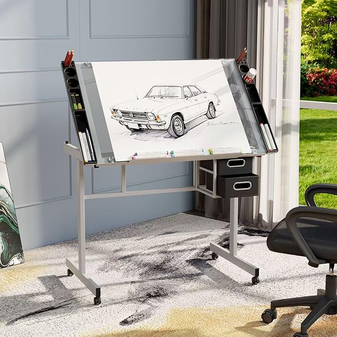 OS MOTOR Adjustable Drafting Table with Glass Top, Art Craft Desk with Slide-Out Drawers, Rolling Wheels, Storage, for Drawing, Writing, Painting, and Creative Tasks, Ideal for Home Office