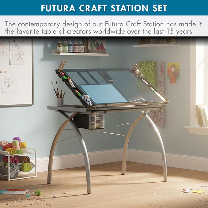 SD Studio Designs 10037 Futura Deluxe Drafting Table with Light Pad Support Bars & Drafting Height Leg Extensions, Silver/Blue Glass