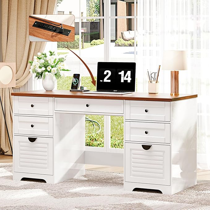 Ieejdn 59" Home Office Desks, Executive Desk, Farmhouse Computer Desk with 7 Drawers and Charging Station, File Drawer, Rustic Computer Writing Desk,Antique Cream