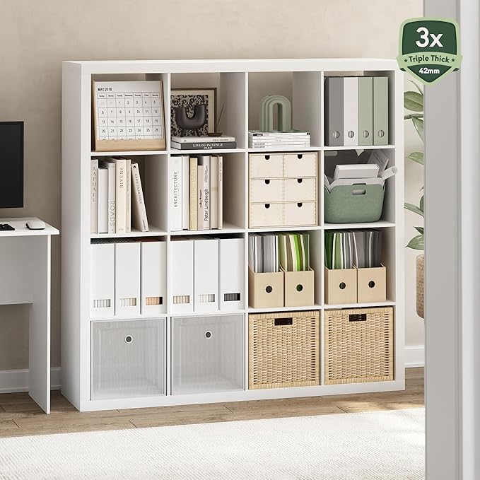 Furinno Cubicle Book Shelf, 16-Cube Bookshelf, Triple Thick Frame Cube Storage Organizer, 1.65" Bookcase, 15.4 x 57.4 x 56.9, for Home Office, Living Room, Plain White