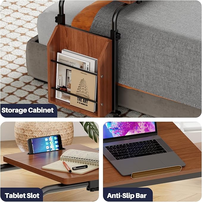 Overbed Table with Wheels, Tilting Overbed Desk Adjustable Height & Length, Queen Over Bed Table with Storage Cabinet, Rolling Laptop Desk for Bedroom, Living Room, Hospital (Brown, 47.24in)
