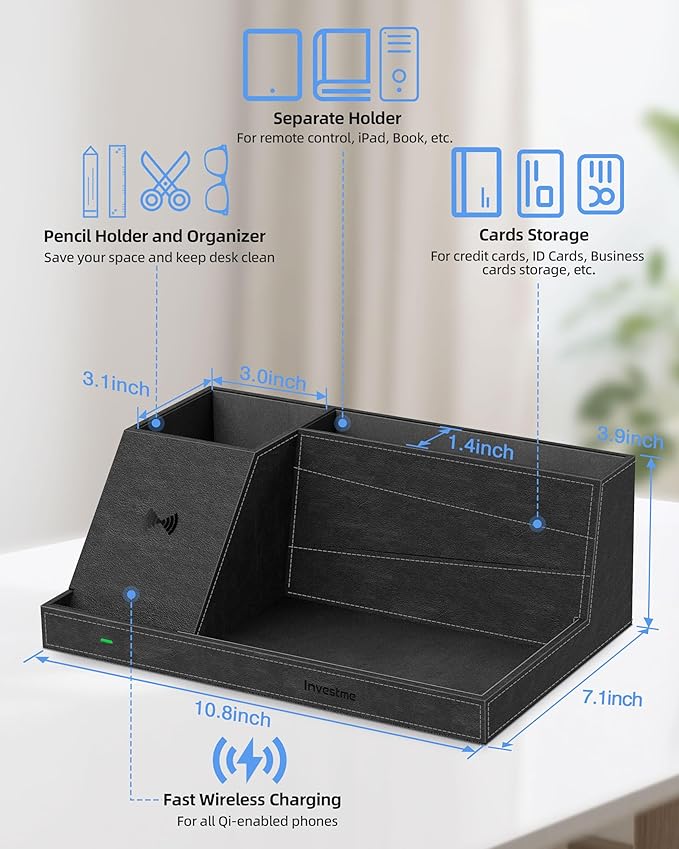 Wireless Charger with Desk Organizer, Fast Charging Station for iPhone 16/15/14/13/12/11 Pro Max, Desk Phone Charger Stand, Desktop Nightstand Organizer Pen Holder for Home Offfice Supplies