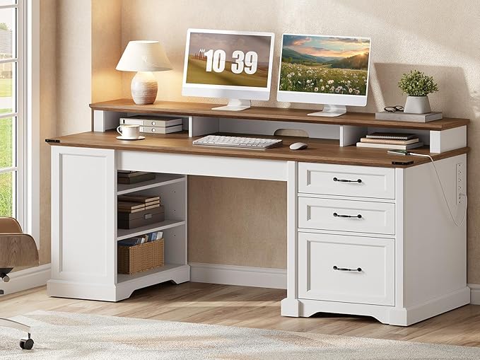 RALGEND 55'' Farmhouse Executive Desk with Drawers, Computer Desk with File Cabinet and Side Bookshelf, Writing Gaming Desk with Monitor Stand & Charging Station, White and Walnut