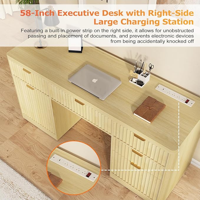 knoworld 58" Fluted Executive Desk with Storage & Charging Station Wood Modern Home Office 4 Drawers 1 File Cabinet Storage Computer Writing for Work Living Room Bedroom, Natural