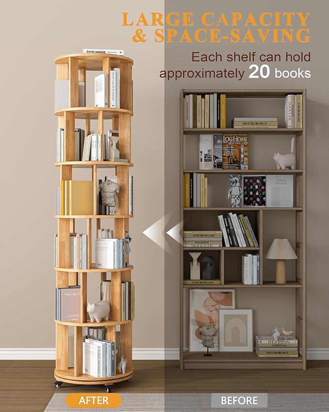 IUNVR Rotating Bookshelf, 6 Tier Solid Wood Bookshelf Tower with Lockable Wheels, 360° Spinning Revolving Bookcase for Small Spaces, Corners, Bedroom, Kids Room, Home Office, Natural