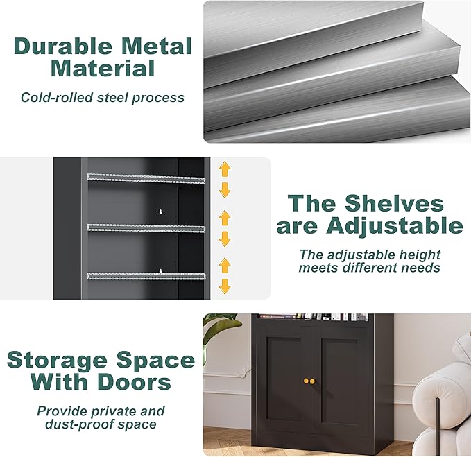 55" Tall Metal Bookcase,Heavy Duty Bookcases with Doors,Sturdy Modern Book Shelf with Cabinet,Industrial Display Book Case for Living Room,Office,Black