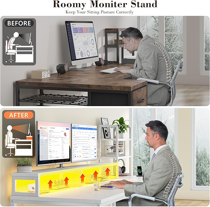 55 Inch White Computer Desk with Drawers and Hutch,Reversible Home Office Desk with Monitor Shelf,Gaming Desks with USB Power Outlets&Storage,Writing Study Table for Bedroom with LED Lights,White