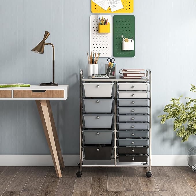 Moccha 15-Drawer Rolling Storage Cart - Under Desk Storage Drawers with wheels for Craft Art Supply Paper Salon, Scrapbook Paper Tools, Mobile Utility Cart for Classroom (15 Drawers, Gradient Grey)