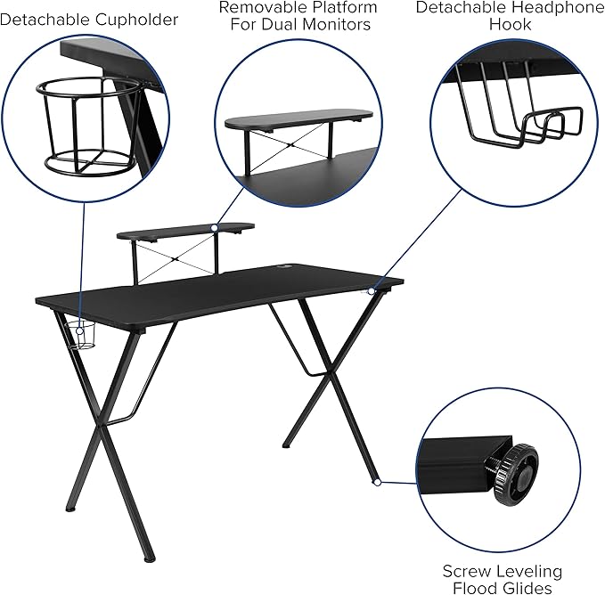 Flash Furniture Black Gaming Desk and Red/Black Racing Chair Set with Cup Holder, Headphone Hook, and Monitor/Smartphone Stand