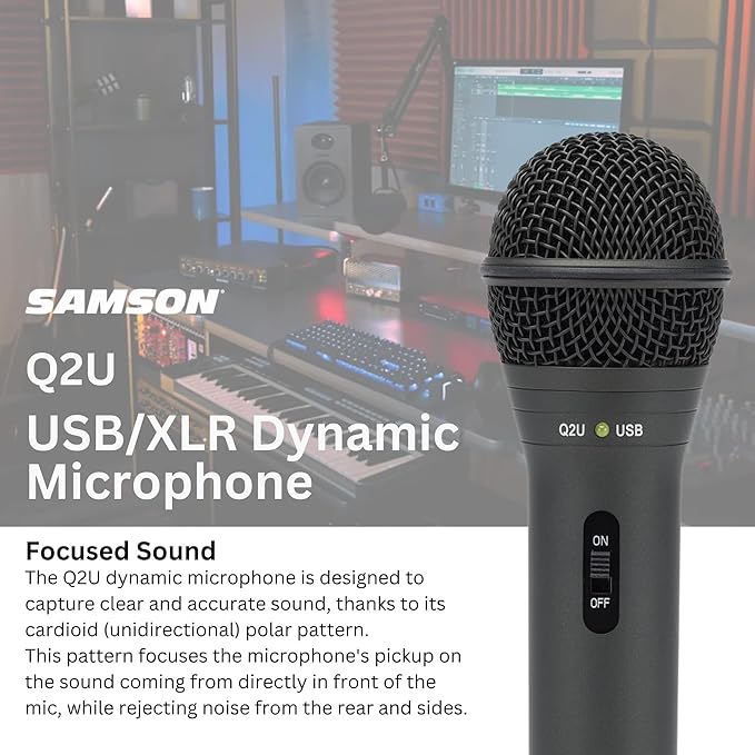 SAMSON Q2U Handheld Dynamic XLR/USB Microphone Bundle with Desktop Boom Arm Stand, Shock Mount, and Pop Filter (4 Items)