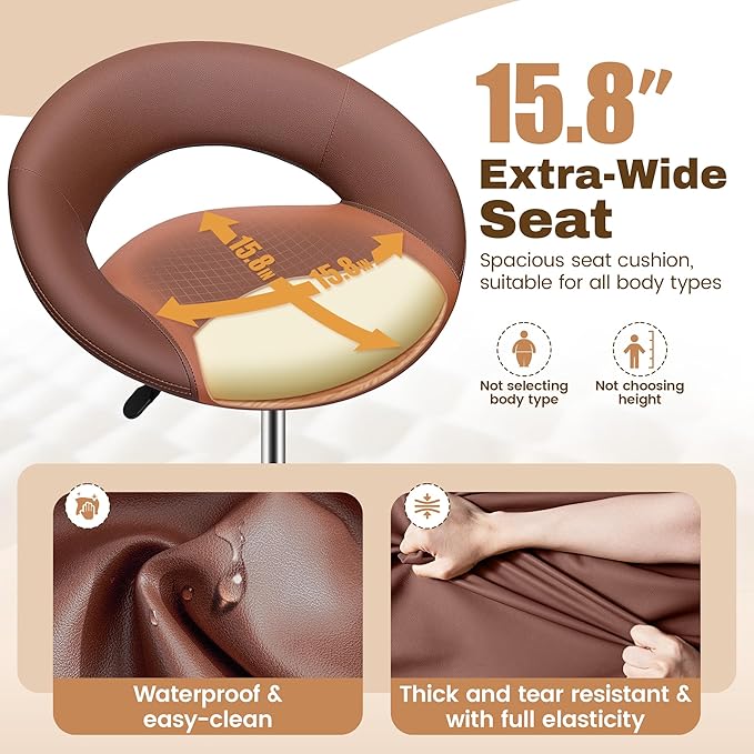 BESTFAIR Drafting Chair with Back, Height Adjustable Rolling Stool with Foot Rest, Tall 360° Swivel Stool PU Leather Chair with Wheels for Home Office, Standing Desk, Brown 2 Pack