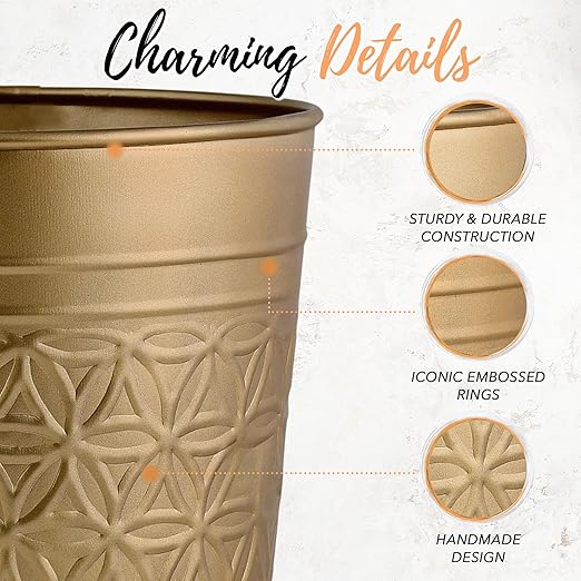Autumn Alley Antique Gold Trash Can, Hand Crafted Bin, Round Bathroom Trash Can, Open-Top Gold Garbage Can for Bedroom, Home, Office - Modern Waste Basket, Stylish Metal Modern, Bathroom Décor