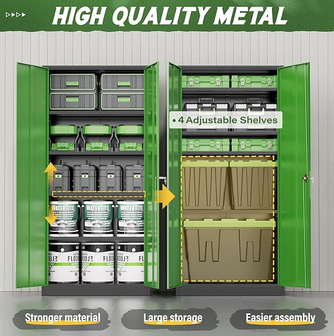 Greenvelly Metal Storage Cabinet, 72" Steel Garage Cabinet with Doors and Adjustable Shelves, Metal Cabinet with Lock,Tall Metal Office Storage Cabinet for Garage,Home Office,School (Black Green)