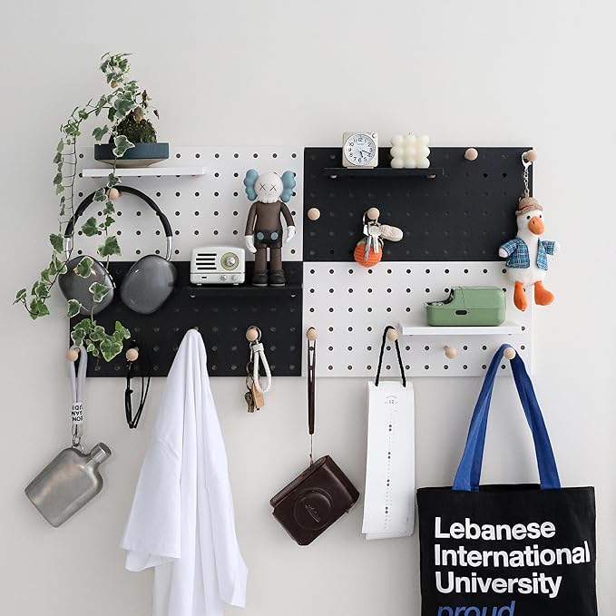 Wooden Pegboard Accessories Set: Modular Wall Hooks & Shelf for Garage, Office & Home Organization(White Colored Finish-B)