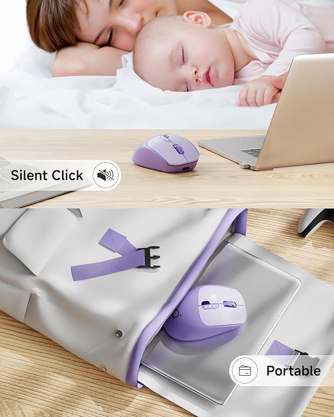 EWEADN Q5 Wireless Mouse, Bluetooth & 2.4G Quiet Computer Mouses with Battery Level Display, 1600 DPI, Ergonomic Office Mouse, 6 Button Portable Cute Computer Mouse for Laptop/PC/Mac - Purple