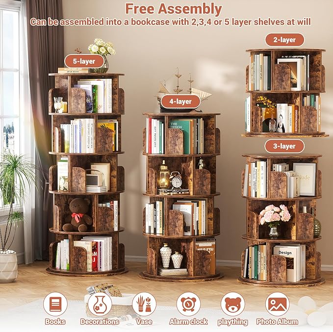 Besiost Rotating Bookshelf Tower, 5 Tier Spinning Bookcase, Revolving 360 Book Shelf Narrow Tall Bookcase, Vertical Turning Round Bookshelf Organizer, Corner Book Shelf for Small Space, Rustic Brown