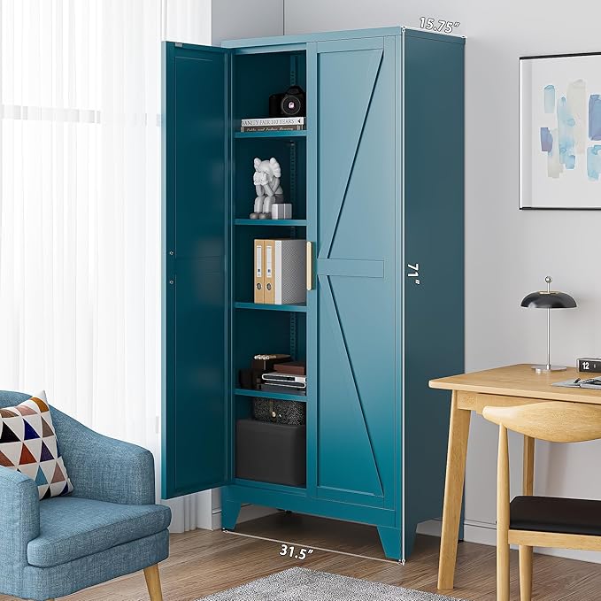 Washsemba 71'' Farmhouse Metal Storage Cabinet with Barn Doors,Steel File Cabinet for Home Office,Kitchen Pantry 4 Adjustable Shelves,Freestanding Cupboard for Kitchen,Home Office (Peacock Blue)