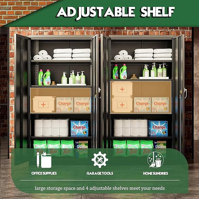 Greenvelly Metal Cabinet with Lock, 72" Metal Storage Cabinet with 2 Doors and Adjustable 4 Shelves, Locking Cabinet for Home Office, Garage(32" W x 16" D), Black