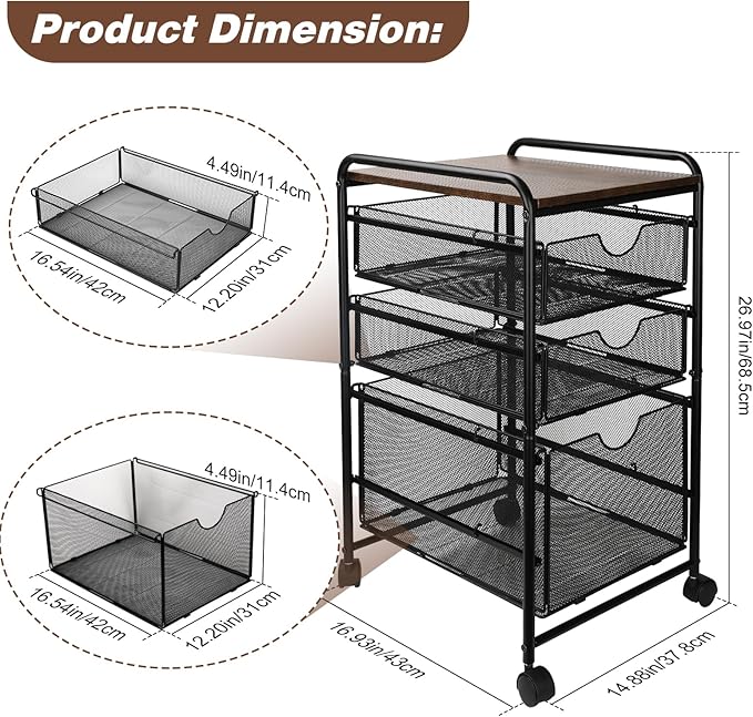 EasyPAG 3-Tier Rolling File Cart with 1 Large & 2 Small Baskets – Adjustable Hanging Organizer, Under Desk Storage, Mobile File Cabinet for Home/Office, Black