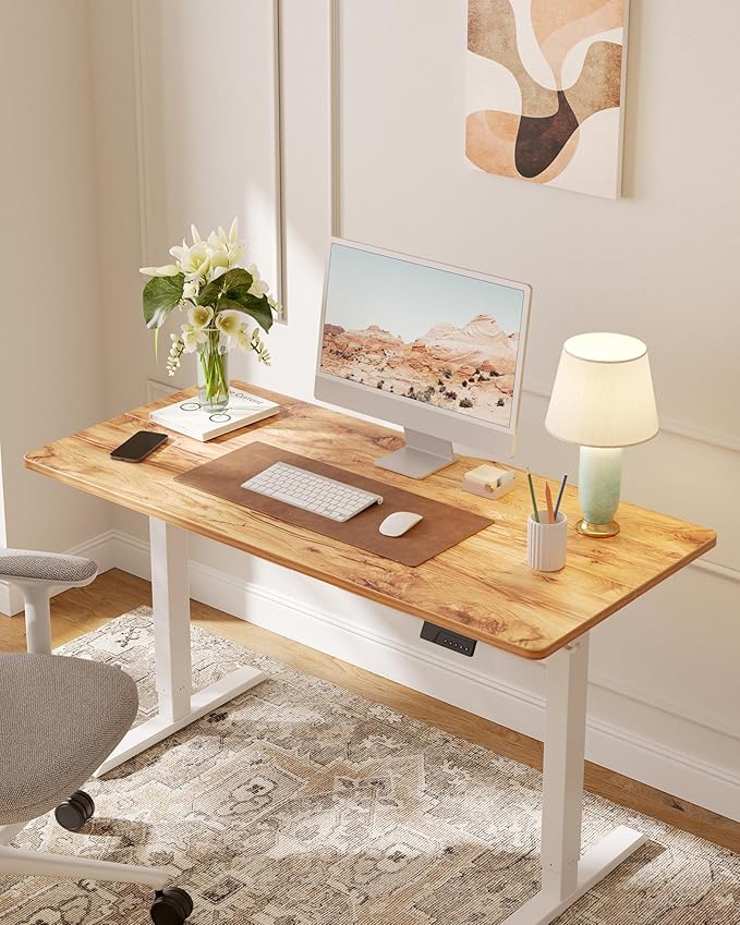 Cubiker Standing Desk, 55x28 Inches Sit Stand Home Office Desk, Electric Stand up Desk, Adjustable Desk with Splice Board, White Frame/Light Rustic Top