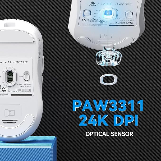 A.JAZZ Ajazz AJ199 Wireless Gaming Mouse Ultra-Lightweight 55g Tri-Mode Connection 24000 DPI PAW3311 Sensor Carbon Fiber Shell 500mAh Battery 1K Polling Rate Durable & Anti-Slip Design White