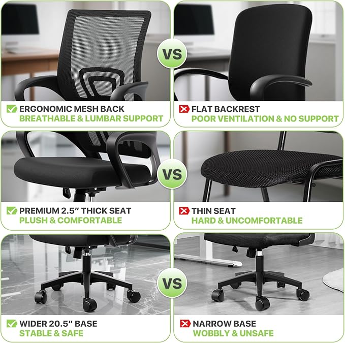 Magshion Office Chair, Ergonomic Mid-Back Mesh Desk Chair, Rolling Computer Chair with Lumbar Support & Comfy Armrests for for Gaming, Work, Study, 300 Lbs Capacity, Black