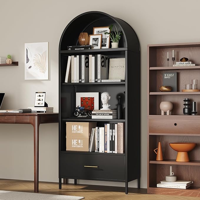 VEXPOR 73" Tall Arched Bookcase Cabinet, 5-Tiers Metal Black Arched Bookshelf with Drawer for Living Room, Home Office, Assembly Required, 15.35" D x 30.71" W x 72.83" H