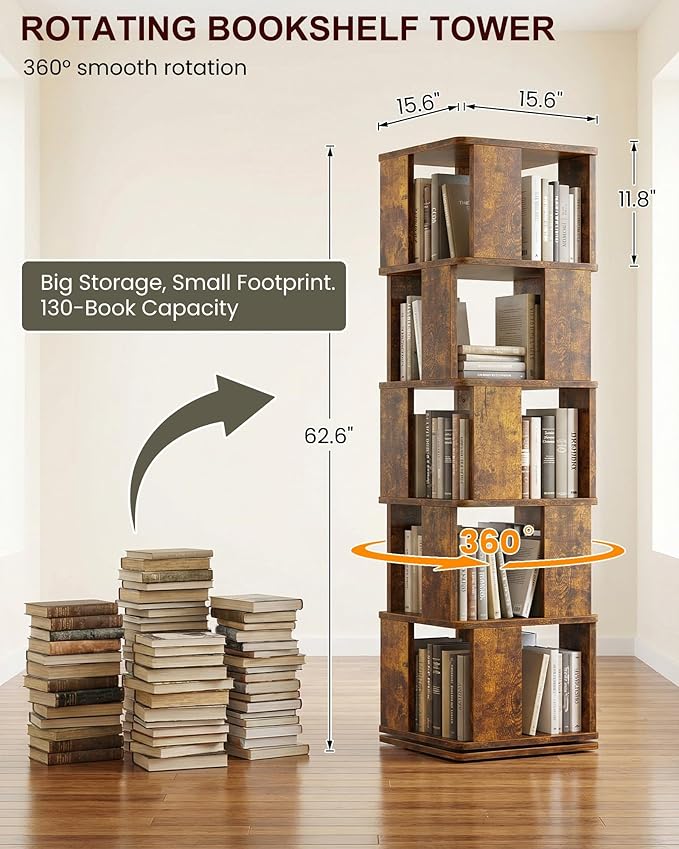 Foxemart 5-Tier Rotating Bookshelf Tower, 360° Spinning Modern Book Storage Bookcase, Stable Display Corner Book Shelf for Kids Room, Living Room, Bedroom, Home Office, Rustic Brown