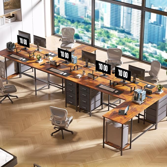 Korfile 59 inch L Shaped Computer Desk with Power Outlets, Home Office Desk with 4 Adjustable Storage Drawers & 2 Monitor Stands, Two Person Gaming Table for Bedroom, Rustic Brown