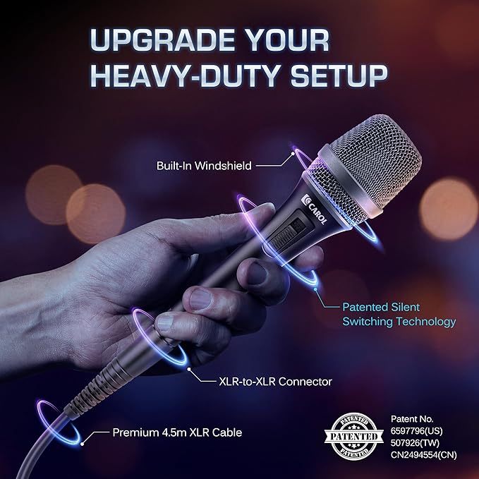 CAROL AC-900S XLR Wired Vocal Microphone – Dynamic Supercardioid Mic with Dual-Engine AHNC Noise Cancelling Tech for Singing, Karaoke, Stage & Studio, Includes Mic Clip, 14.8ft Cable & Switch - Black