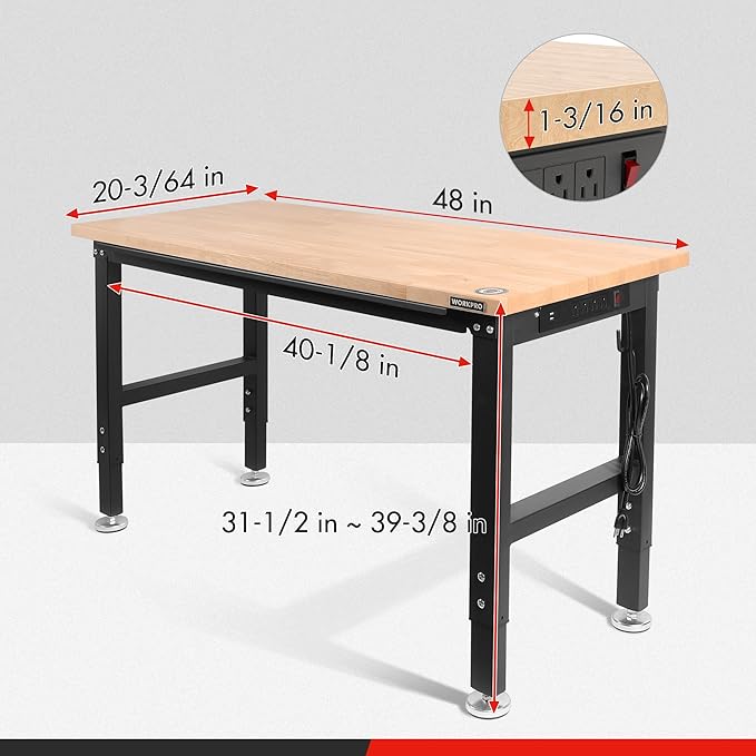 WORKPRO 48" Adjustable Workbench, Rubber Wood Top Heavy-Duty Workstation, 2000 LBS Load Capacity Hardwood Worktable with Power Outlets, for Workshop, Garage