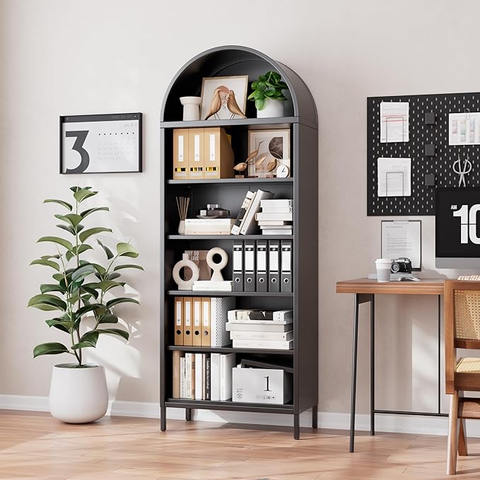 VEXPOR 73" Tall Arched Bookcase Cabinet, 6-Tiers Metal Black Arched Bookshelf for Home Office, Living Room, Assembly Required,13.78" D x 27.56" W x 72.83" H