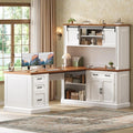 SEDETA 67" Farmhouse L Shaped Desk with Hutch, Executive Home Office Desks with 4 Drawers & Storage Cabinet, Corner Computer Desk with Sliding Doors, File Drawer & Power Outlet, White+Brown