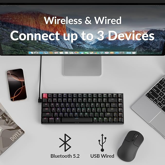 Keychron K2 75% Layout QMK Wireless and Wired Options Mechanical Keyboard Super Banana Switch, RGB Backlit with Shine-Through Double-Shot PBT Keycaps for Mac Windows-Version 3