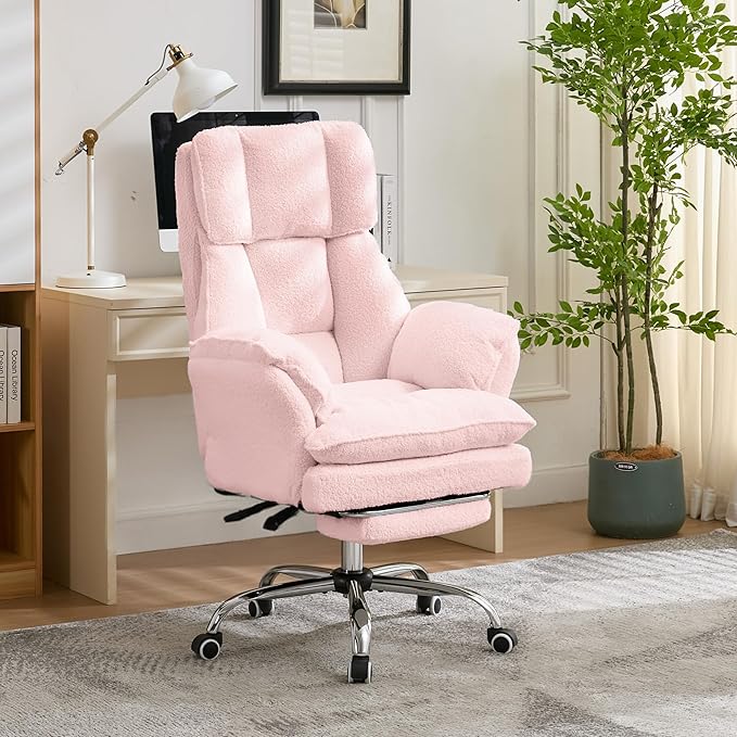 Ergonomic Cloud Cross Legged Office Chair with Footrest,Teddy Fleece Big and Tall Executive Chair with Wheels,Reversible Armrest,155° Reclining Computer Wide Desk Chair for Home,Office (Pink)