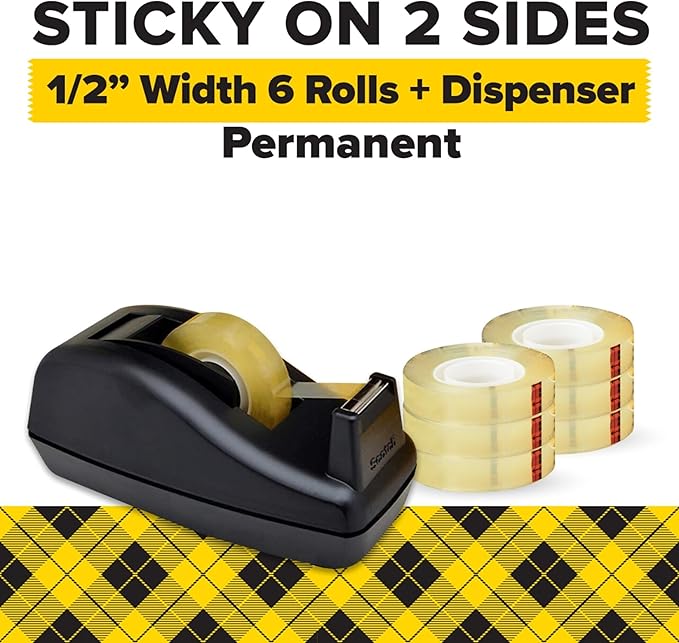 Scotch Double Sided Tape with Deluxe Desktop Tape Dispenser, 1/2 in x 900 in, 1 Dispenser and 6 Refill Rolls/Pack (665-6PKC40) (Pack of 12)