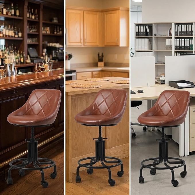 Topower Antique Industrial Design Metal Adjustable Height Kitchen Dining Breakfast Chair Industrial Style Bar Stool with Wheels, Fully Welded, Brown PU Leather Sea
