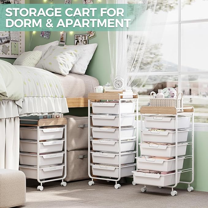 SYKIARIOL Rolling Storage Utility Cart with 4 Drawers,Kids Craft Art Cart,Makeup Organizer and Storage with Wooden Tabletop,White