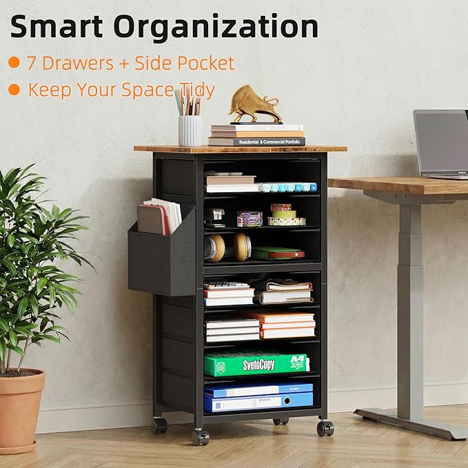 HIGDBFE 7 Fabric Drawers File Cabinet with Side Pocket, Rolling Printer Stand with Storage for Home Office, Wood Top Storage Cabinet for Documents and Crafts, Rustic Brown, 15" D