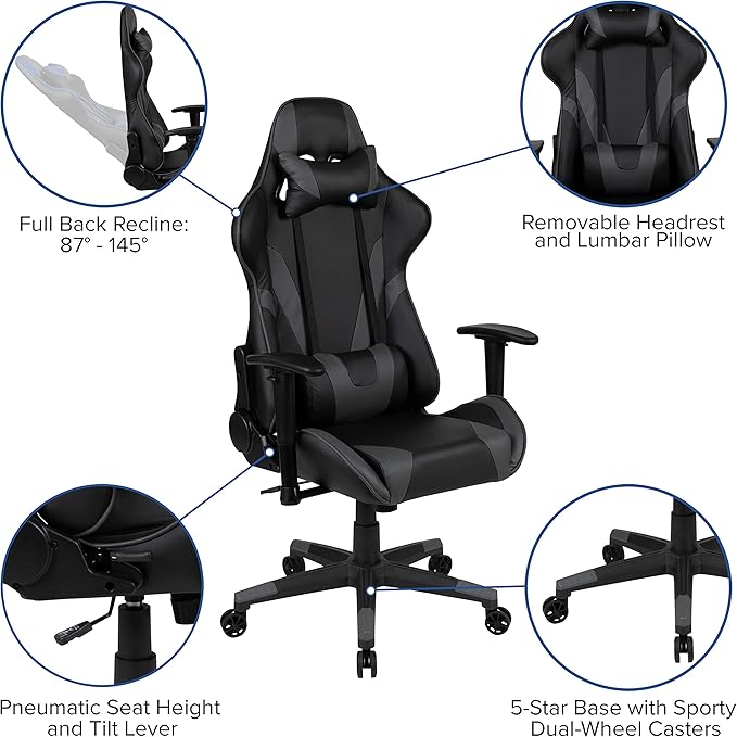 Flash Furniture Black Gaming Desk and Gray/Black Reclining Gaming Chair Set with Cup Holder, Headphone Hook & 2 Wire Management Holes