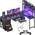 AODK 59 Inch L Shaped Desk with 4 Drawers, Gaming Desk with Led Lights & Power Outlets, Computer Desk with Pegboard & Keyboard Tray, Reverisble Home Office Desk with Storage Shelves & CPU Stand, Black