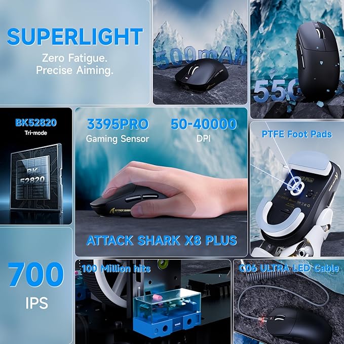 ATTACK SHARK X8Plus 55g Superlight Wireless Gaming Mouse with 40K DPI,PAW 3395PRO Sensor, Broadcom BK52820 Chip,HUANO Switch,Web Driver,Tri-Mode Fit Large Hand Mice with RGB Cable -Black