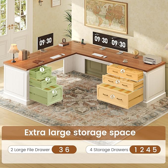 SEDETA Farmhouse 78.7" Executive L Shaped Desk with 6 Drawers, Home Office Desk with Power Outlet, File Cabinet Storage, Wood Corner Computer Desk for Work and Study, White
